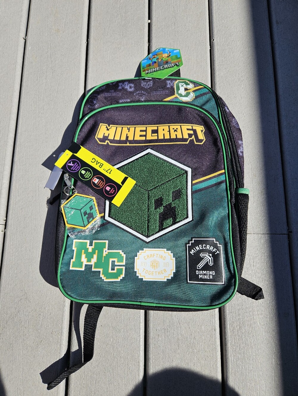 Minecraft Creeper Varsity Backpack 17" Laptop Bag Diamond Miner Patch NWT Keycha